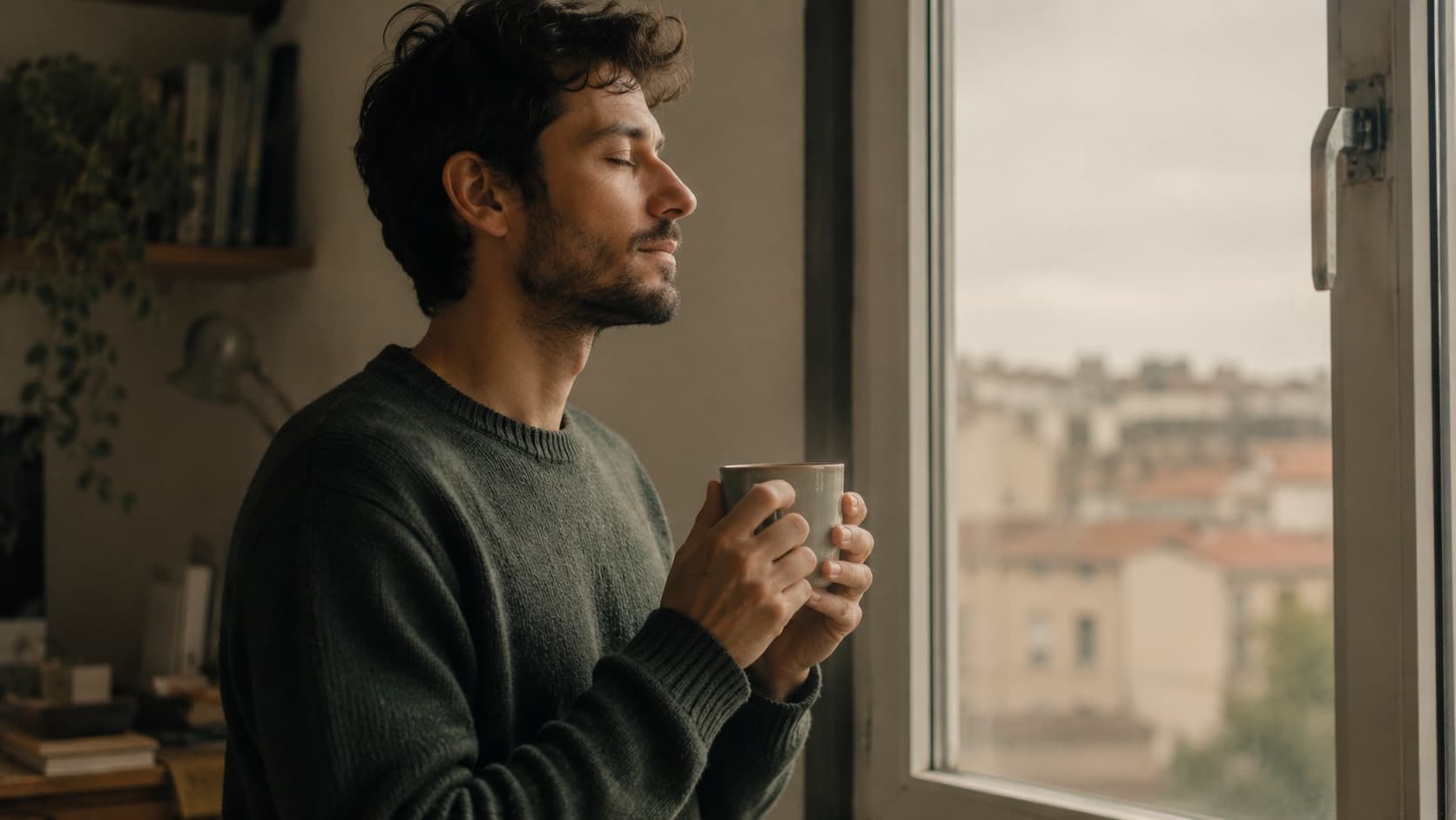 Una persona alla finestra tiene una tazza calda tra le mani e fa un respiro