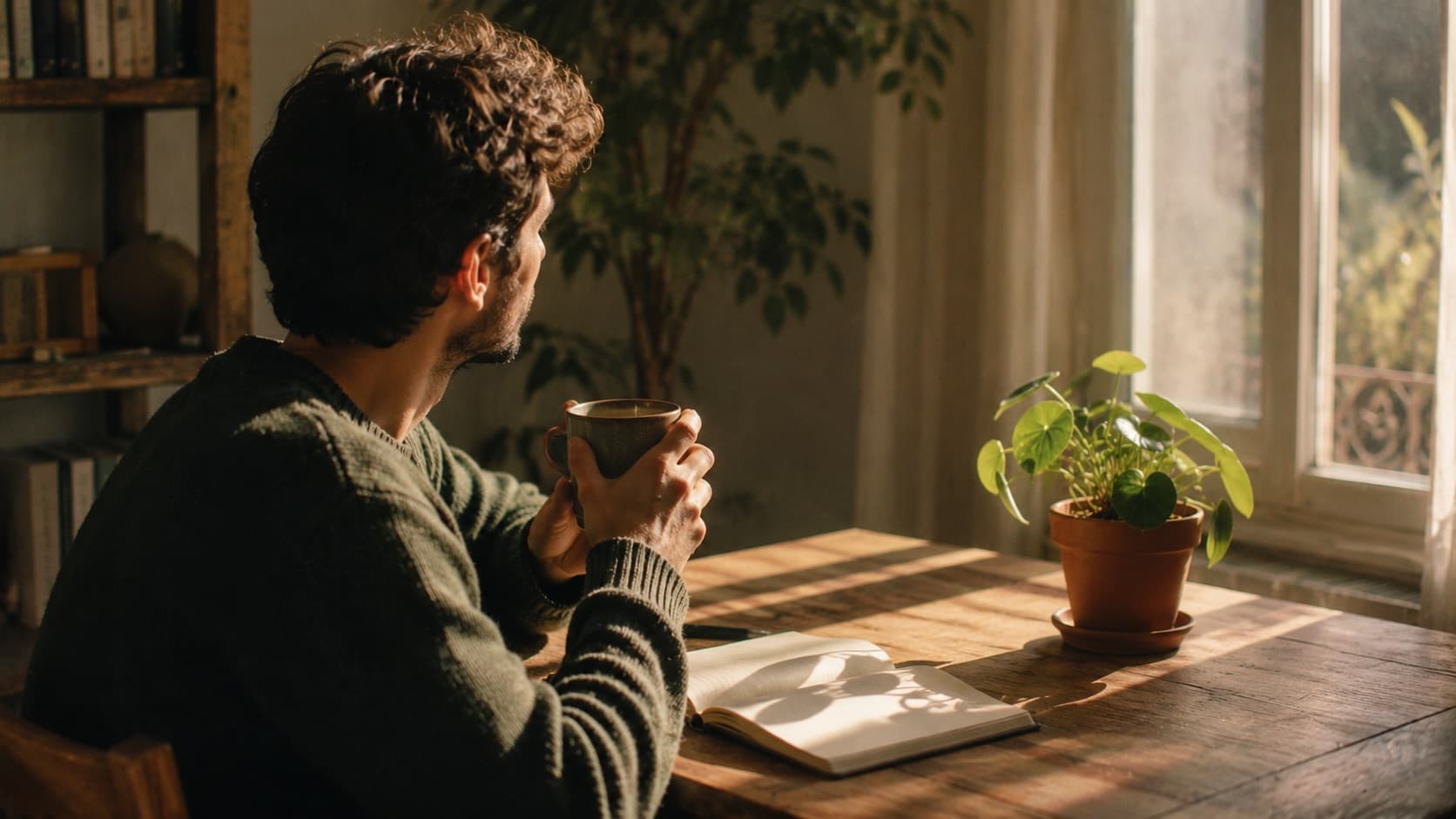 Un caffe e un quaderno aperto su un tavolo nella luce calda del mattino