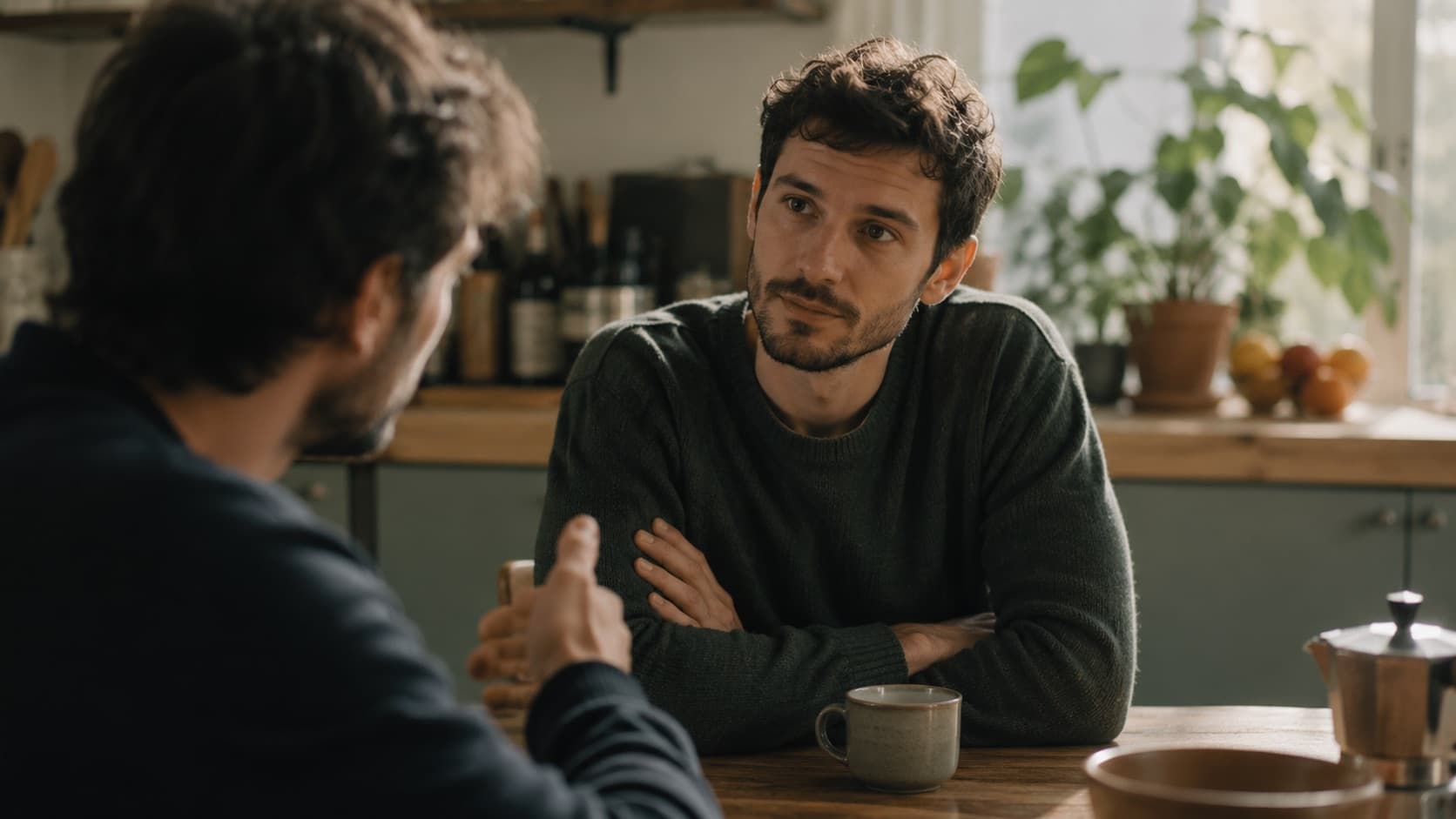 Due persone in una conversazione attenta e sincera al tavolo, con il caffe