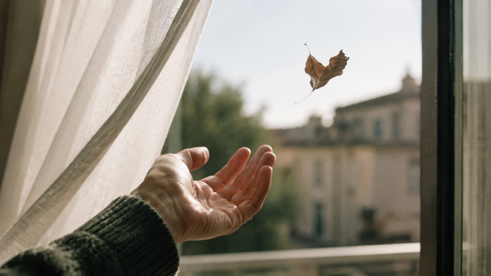 Una mano aperta alla finestra lascia andare una foglia nell'aria