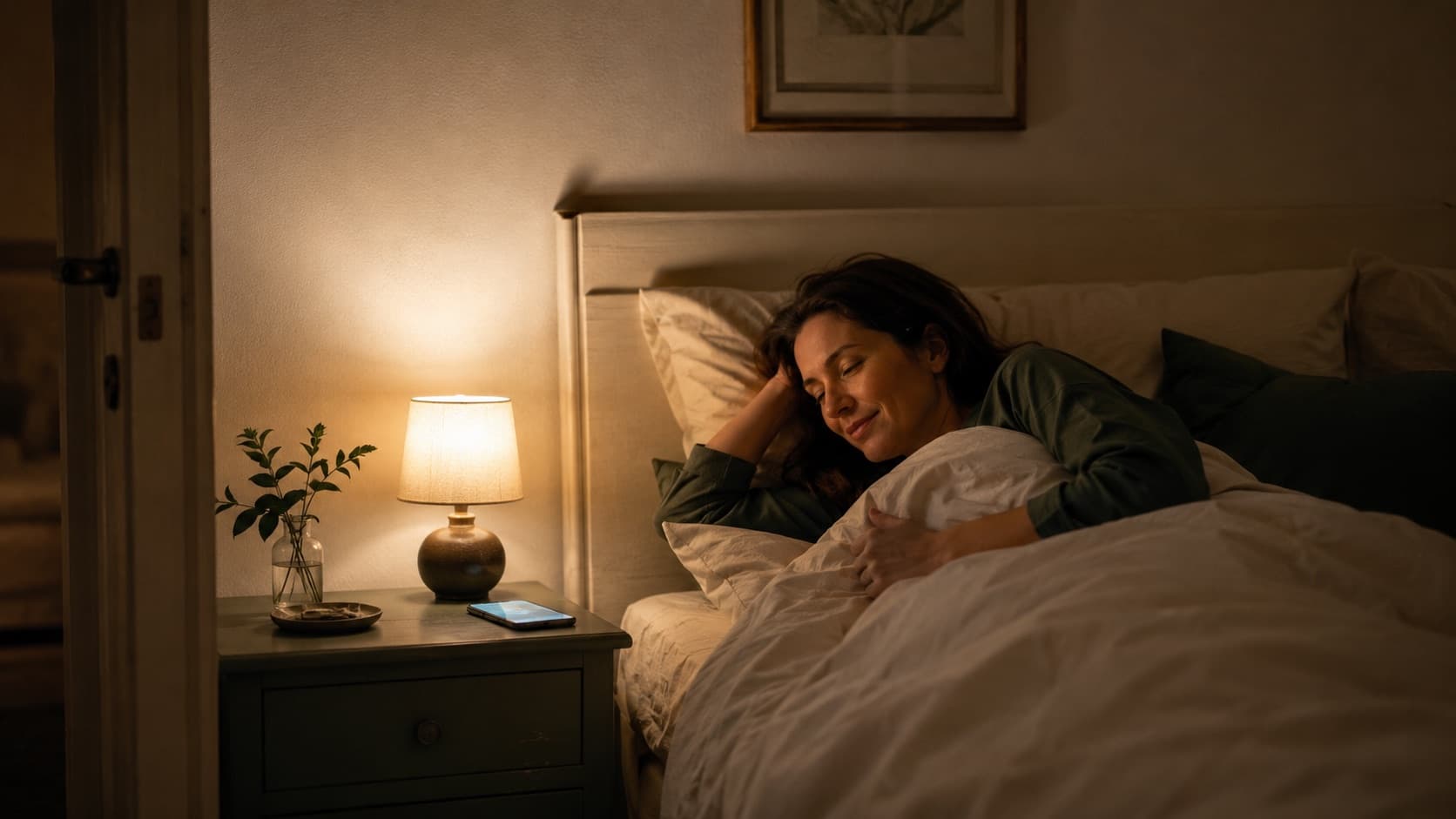 Una camera da letto di notte con una lampada calda, una persona si addormenta serena