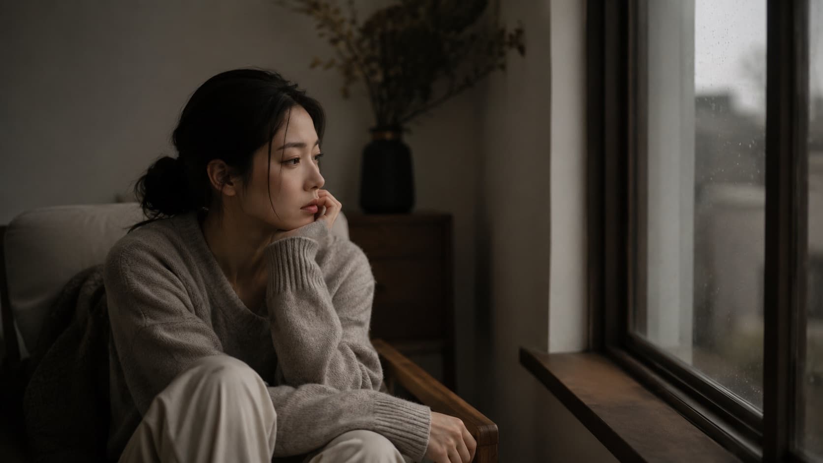 Una donna seduta vicino a una finestra in una giornata grigia, con espressione pensierosa